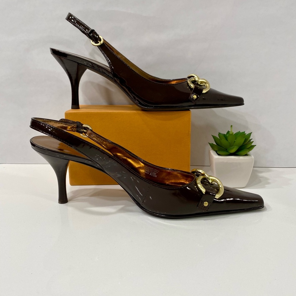 Etienne Aigner Brown Patent leather Slingback Heels w/ golden loops accents.